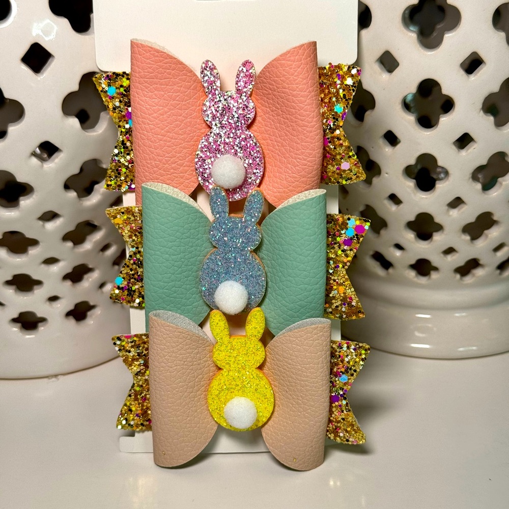 New 3pcs Easter Glitter Bunny Bow Hair Clips, Easter Holiday Party